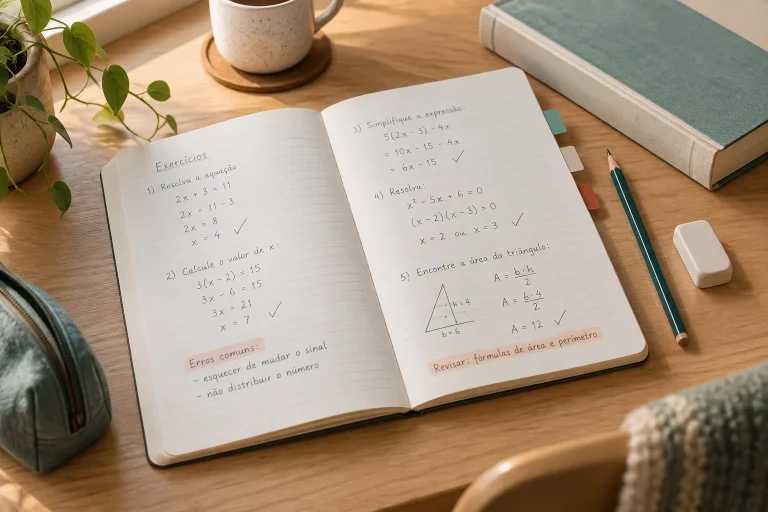Caderno aberto com exercícios de matemática, anotações de revisão e marcadores coloridos sobre uma mesa.