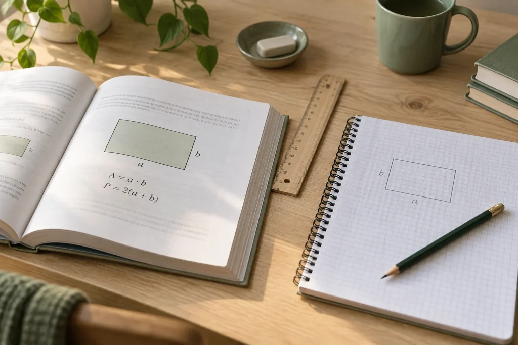 Livro com fórmulas de área e perímetro ao lado de caderno quadriculado, desenho de retângulo, régua e lápis.