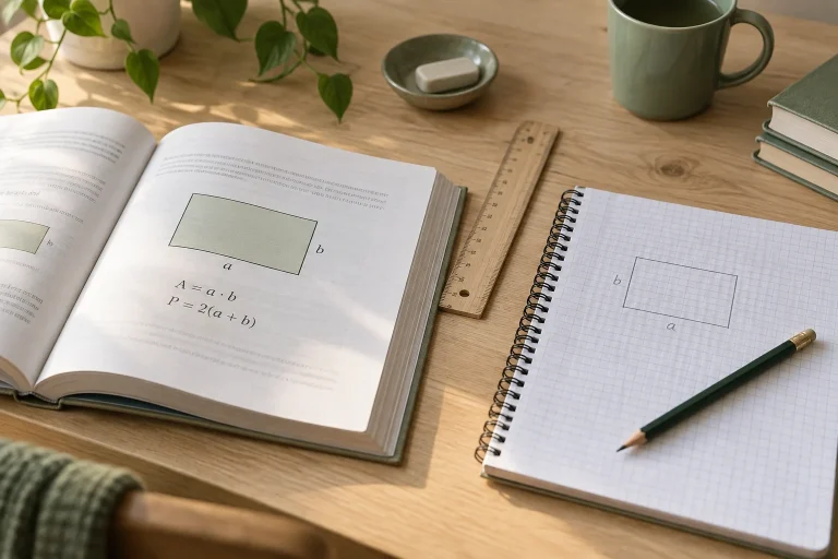 Livro com fórmulas de área e perímetro ao lado de caderno quadriculado, desenho de retângulo, régua e lápis.