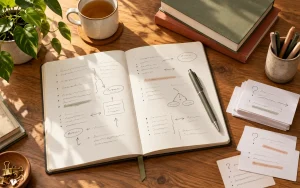 Caderno aberto, cartões e materiais de estudo sobre uma mesa de madeira