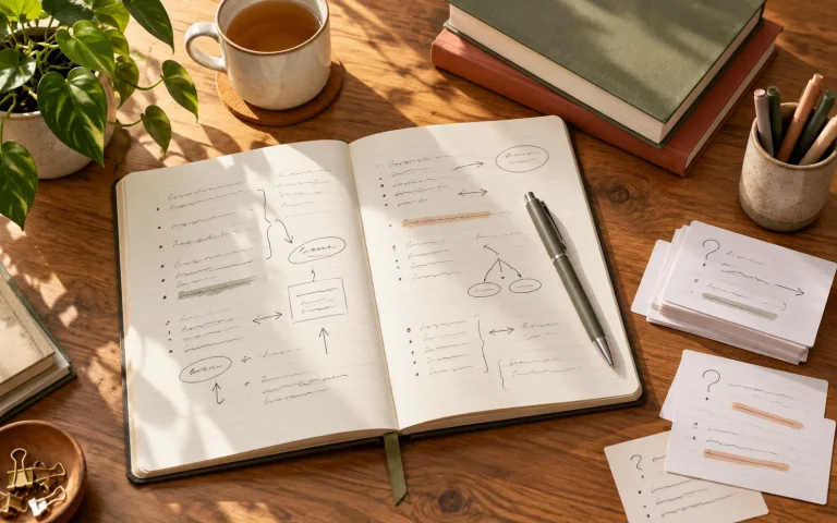 Caderno aberto, cartões e materiais de estudo sobre uma mesa de madeira