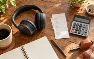 Itens para comparar uma compra importante sobre uma mesa de madeira