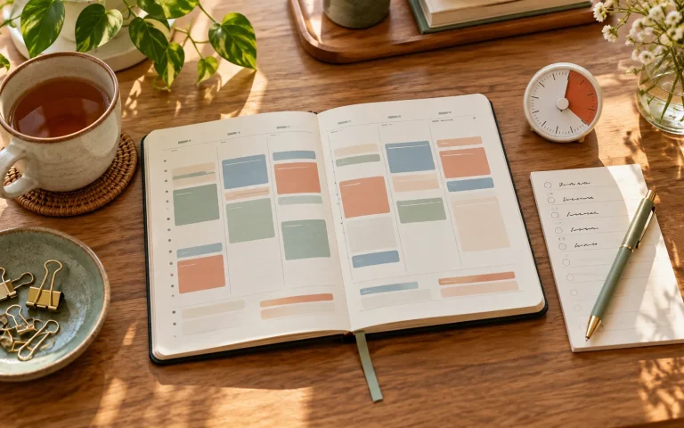 Planejador semanal aberto em uma mesa de trabalho organizada