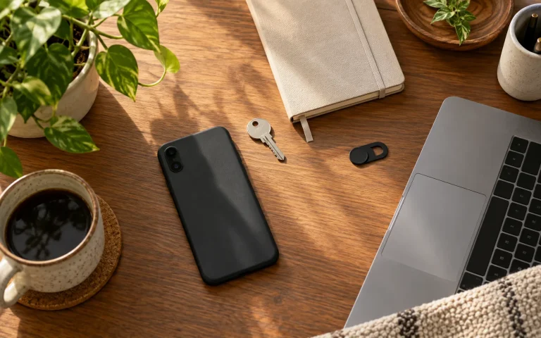 Mesa organizada com celular e itens que representam privacidade digital